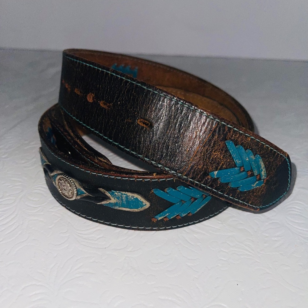 VTG Southwestern Turquoise Laced Leather Belt w/Silver Conchos Siz 32-36"